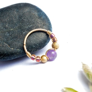 Piercingring, 12K Gold gefüllt, Amethyststein, Ø 10,11,12mm, 20G (0,8mm) Knorpelohr, Nase, Bauchnabel, Helix Rook Conch Daith Septum