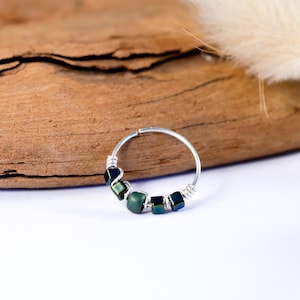 Piercing ring, 925 silver, glass beads, green Ø 9, 10, 11mm, 22G / 20G Cartilage ear, conch, helix, upper lobe, daith, rook, creole