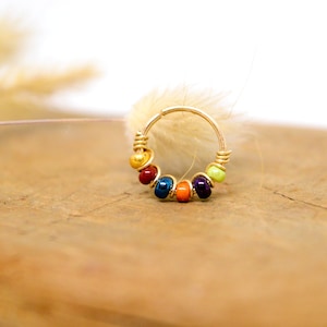 Piercing ring, 12K gold filled, multi-colored glass beads, Ø 8, 9, 10mm, G20/0.8mm, Cartilage ear, Nose, Navel, helix daith nostril..