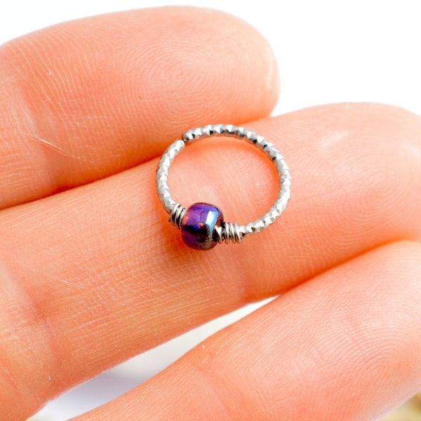 Piercing Ring, Diamond-coated 316L Stainless Steel, Iridescent purple glass beads, Ø 10, 11, 12mm, 16G or 19G, Cartilage helix, conch, septum