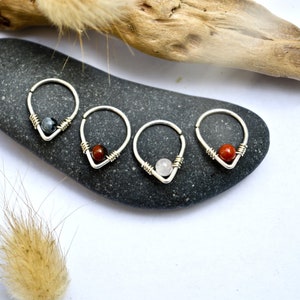 Piercingring Tropfen, 925 Silber, Tigerauge, Roter Jaspis, Rosenquarz, Obsidian, Ø 8mm, 20G/0,8mm, Ohrknorpel, Nase