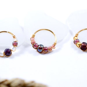 Anneau piercing Or rempli 12 K, perles en verre, mauve doré blanc Ø 12mm, G20, Cartilage oreille, hélix, conch, mini créole lobe bohème chic