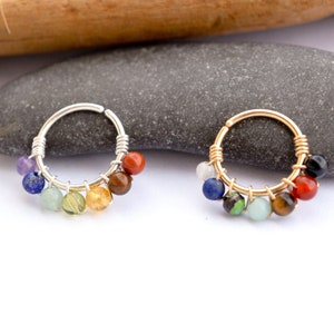 Piercingring, 12K Gold Filled/ 925 Silber/ 316L Edelstahl, 7 Chakra Edelsteine Ø 11,12mm, 18G (1mm) Knorpel Ohr, Nase, Nabel Energie
