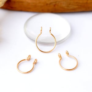 Puede incluir: Tres anillos de nariz dorados, sin perforación, se muestran sobre una superficie blanca. Los anillos de nariz son circulares con un pequeño lazo en la parte superior y están diseñados para sujetarse a la nariz. El fondo incluye un plato de vidrio y un elemento de madera.