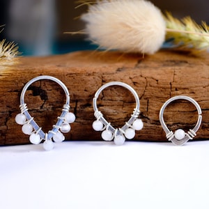 Tropfen-Piercingring, gehämmert, 925er Silber, Mondstein, Ø 8, 9, 10mm, 18G (1mm) Knorpel, Ohr, Nase, Helix, Daith, Tragus, Septum
