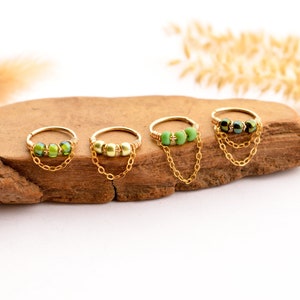 Piercing ad anello, placcato oro 12 carati, catena placcata oro, perline di vetro verde, 20 g (0,8 mm) Ø 8, 9, 10, 11, 12 mm, per cartilagine, orecchio, naso, conca, elice, setto.