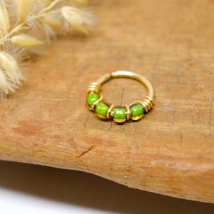 Piercing ring, 12 carat gold filled, green glass beads, 20G (0.8mm), Ø 6,7,8,9,10mm, Nose, Ear cartilage, Nipple, Navel, Upper