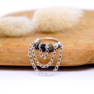Piercing Ring, 316L Stainless Steel, triple stainless steel chain, black gray beads Ø 9,10,11,12mm 18G or 20G Cartilage ear Conch helix Septum