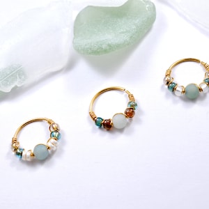 Piercing ring, 12K gold filled/ 316L stainless steel/ 925 silver, Amazonite gemstone, glass beads, 12mm, 20G, conch, mini helix hoop
