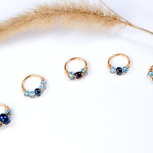 Piercing Anneau, Or rempli 12K, perles en verre bleu, Ø 6,7,8,9,10mm, 20G/ 0.8mm, Cartilage oreillen Nez Nombril mini créole upper lobe
