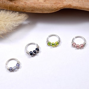 Piercing em formato de anel, prata 925, contas de vidro, Ø 6, 7, 8 mm, 20G/0,8 mm, cartilagem auricular, hélice, daith rook tragus, nariz, umbigo, mini argola
