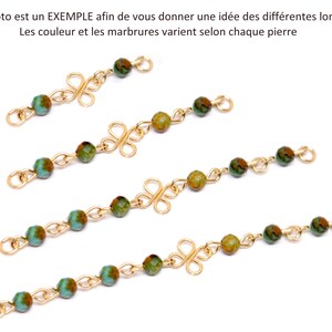 May include: Four gold-colored beaded jewelry chains with green and brown beads, each with a different length: 2.2 cm, 4 cm, 5.8 cm, and 7.6 cm. The text in the image says: "This photo is an EXAMPLE to give you an idea of the different lengths."