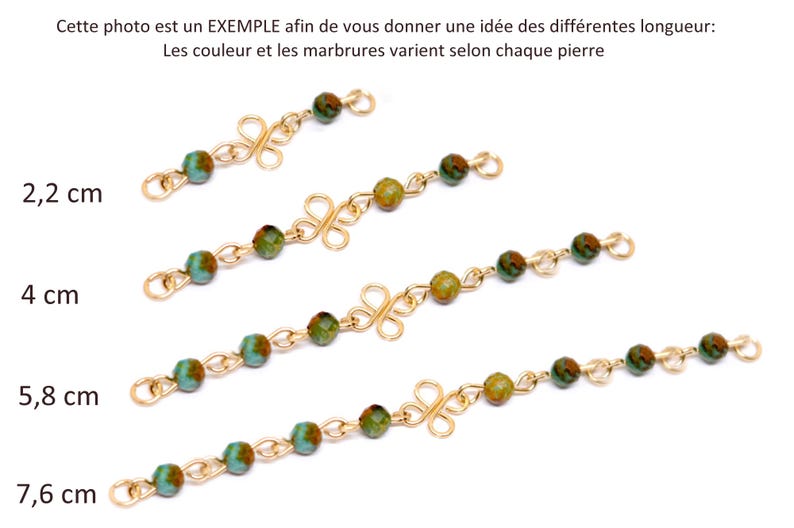 May include: Four gold-colored beaded jewelry chains with green and brown beads, each with a different length: 2.2 cm, 4 cm, 5.8 cm, and 7.6 cm. The text in the image says: "This photo is an EXAMPLE to give you an idea of the different lengths."