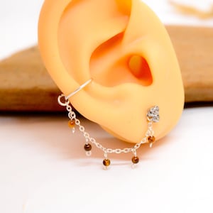 925 Silver Chain, Tiger Eye Stones, 4cm, for Piercing, Ring or Stud, Conch Helix Industrial Lobe, Upper Lobe Nose Double Nostril