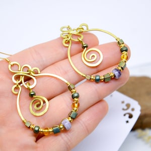 Earrings, Large 7cm hoop earrings, Raw hammered brass, glass beads, green gold mauve, ethnic boho gift for women, magical Christmas