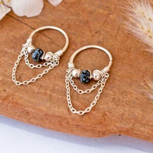 Pair of 925 silver hoop earrings, double chain and silver beads, G18 (1mm) Ø 12mm, summer festival lobe and upper lobe earrings