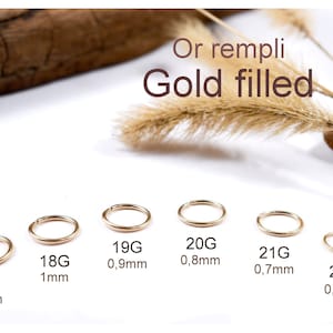 Puede incluir: Pendientes de aro rellenos de oro en varios tamaños, que van desde 16G (1,2 mm) hasta 22G (0,6 mm). La imagen muestra varios anillos dorados con medidas de tamaño y milímetros. También se ve el texto "Or rempli Gold filled".