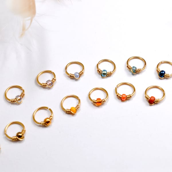 Piercingring, Gold gefüllt 12K/Messing, Glasperle, G20/0,8mm, Ø 6, 7, 8, 9, 10, 11mm, Daith Rook Helix Conch Septum Tragus Nasenloch eng anliegend