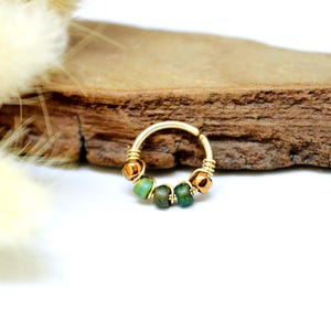 Piercing ad anello, oro riempito 12K, perline di vetro, bronzo verde, 9, 10, 11, 12mm, 18G (1mm), cartilagine orecchio, naso ombelico elica daith rook setto