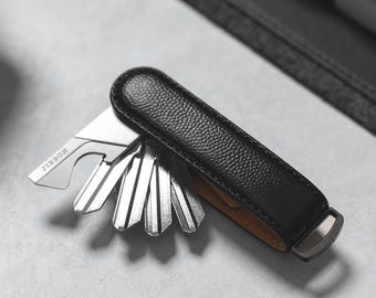 Organizador de llaves de cuero de caviar negro, soporte para llaves EDC