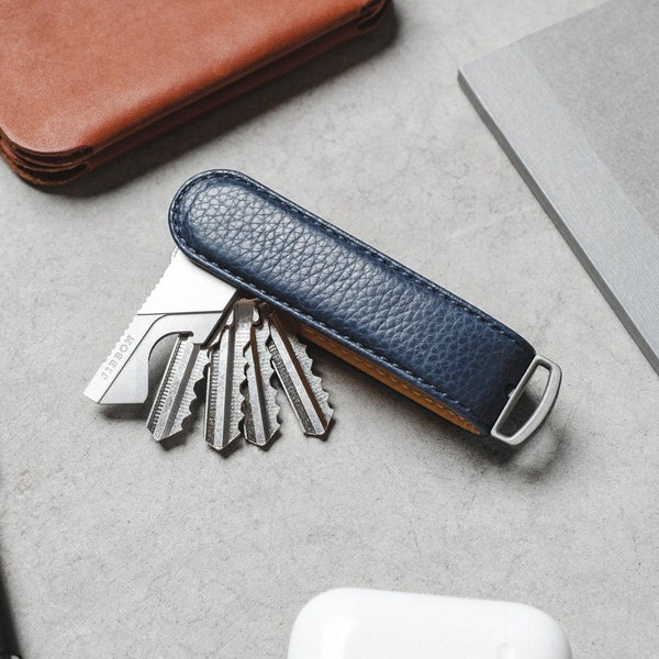 Genuine Pebble Leather Key Organizer, Key holder, Key Chain, Keyring, Jibbon Key Organiser, EDC, Birthday Gift, Present, Navy