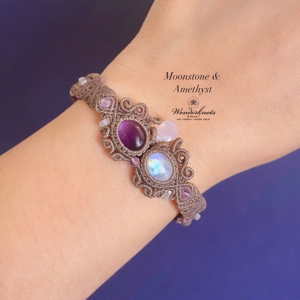 Rainbow Moonstone & Amethyst (with Opal bead) macrame bracelet jewelry jewellery