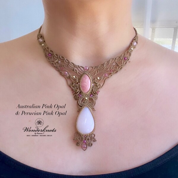 Pink Opal macrame necklace jewelry