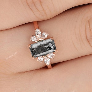 Solid Gold Anniversary Ring for Women, Antique 2.0CT Emerald Cut Raw Salt and Pepper Diamond Proposal Engagement Promise Ring,Christmas Gift