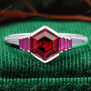 Accents Baguette Cut Ruby Ring Vintage Art Deco Hexagon Cut Ruby Engagement Ring Danity Wedding Anniversary Ring for Her,Unique Jewelry Ring