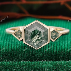 Dainty 3 Birthstone Ring, Bezel Set 6mm Hexagon Shape Natural Moss Agate Engagement Ring, Bridal Ring, Antique Green Agate Anniversary Ring