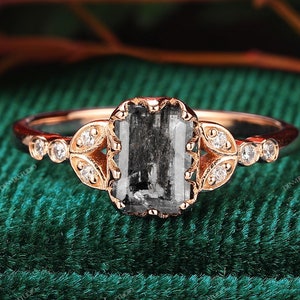 Antique Event Ring, Vintage 5x7mm 1.0CT Emerald Cut Salt and Pepper Diamond Engagement Promise Ring Solid Gold, Anniversary Ring for Women