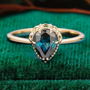 Antique 6x8mm Teardrop Shaped Natural Teal Sapphire Bridal Ring, Valentine&#39;s Gift,Half Bezel Pear Shaped Blue Green Sapphire Engagement Ring