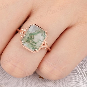 Green Gemstone Ring, Gift For Girls, Solitaire Agate Ring, 9x11mm Emerald Cut Green Agate Engagement Ring, 14k/18k Rose Gold Wedding Ring