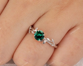 Emerald Wedding Ring 18k Rose Gold, 6.5mm Round Cut Emerald Jewelry, Antique Ring, Leaf Shape Engagement Ring, Unique Emerald Promise Ring