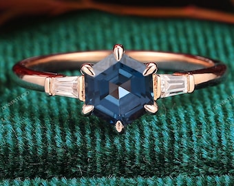 London Blue Topaz Ring, Hexagon Cut, Rose Gold Engagement Ring