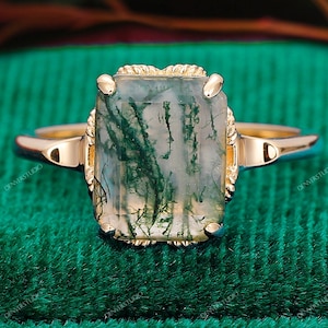 Delicate Rose Gold Anniversary Ring,  Emerald Cut Natural Moss Agate Engagement Ring, Promise Ring, Green Gemstone Crystal Wedding Ring