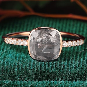 Danity Natural Herkimer Diamond Proposal Ring, Anniversary Ring for Women, 18K Solid Gold Bezel Set 7mm Cushion Cut Saly Pepper Diamond Ring