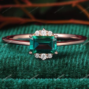 Emerald Engagement Ring, Accents Prong Set Emerald Ring, May Birthstone Ring, Dainty 4x6mm Emerald Shape Green Gemstone Emerald Promise Ring