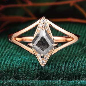 Classic Kite Salt And Pepper Herkimer Diamond Engagement Ring, Vintage Anniversary Promise Ring For Woman, Solid Gold Art Deco Wedding Ring