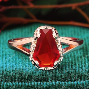 Shield Ruby Solid Gold Engagement Ring, Vintage Coffin Cut