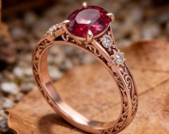 May include: A rose gold ring featuring an oval-cut deep red gemstone at the center, flanked by two small round white stones on each side. The band displays intricate engraved scrollwork patterns along the metal surface, creating a detailed design.