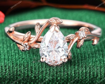 Art Deco Pear Cut Moissanite Engagement Ring,Handmade Unique Rose Gold Leaf Vine Twig Branch Nature Inspired RingJewelry,Valentines Gift Her