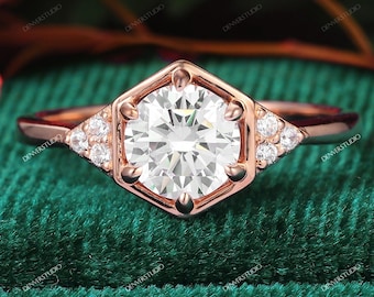 Vintage Round Shape 6.5mm Round Cut Moissanite Wedding Rings Diamond Engagement Ring Rose Gold