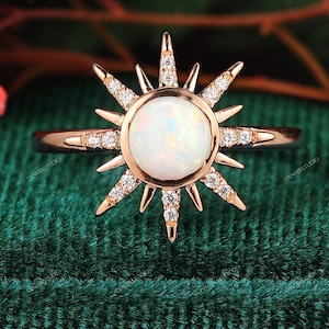 Art Deco Round Opal Ring, Rose Gold Starburst, Simulated Diamond Accents