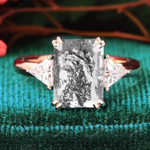Christmas Gift, White Black Diamond Anniversary Ring, Event Ring for Women, 8x11mm Emerald Cut Natural Salt Pepper Diamond Engagement Ring