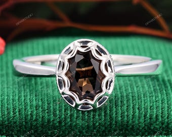Oval Cut Smoky Quartz Ring, White Gold Plated Sterling Silver, Art Deco Bridal Jewelry