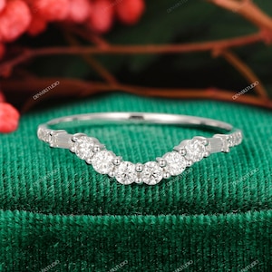 Vintage Crown Stacking Ring, Women&#39;s Daily Ring , Half Eternity Matching Band Solid White Gold, Dainty Moissanite Wedding Band, Ring Guard