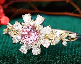 Art Deco Sep Birthstone Gemstone Branch Nature Inspired Vintage 5mm Round Cut Pink Sapphire Engagement Promise Ring Unique Cluster Gold Ring