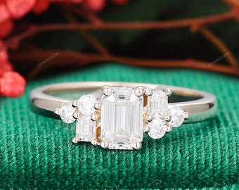 Emerald Cut Moissanite Cluster Ring, Antique Style, 14k Gold