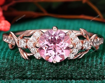 Art Deco Leaf Round Cut Pink Sapphire Engagement Ring Rose Gold Sep Birthstone Gemstone Branch Nature Inspired Anniversary Rings For Women